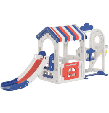 Casita de ensueño con tobogan y columpio azul